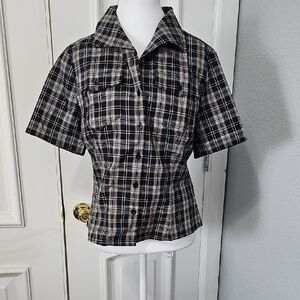 Rockin Bettie Button-Down Plaid Short-Sleeve Shirt - Black/White
